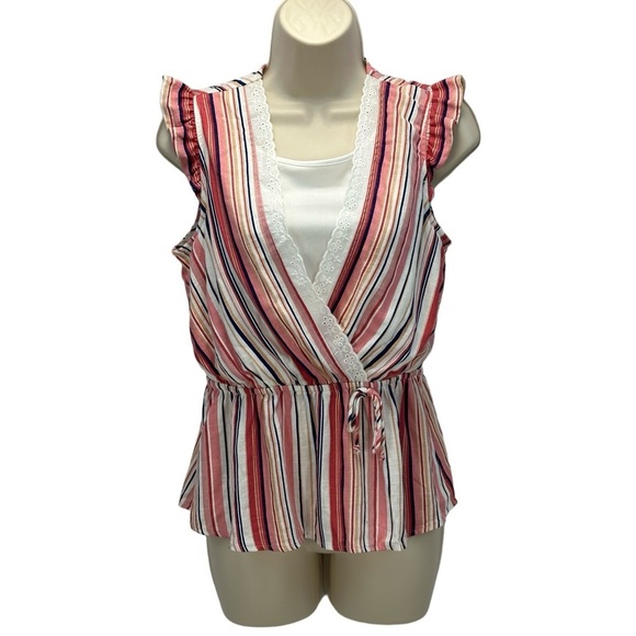 Monteau Kids Ruffle Cap Sleeve V Neck Striped Print Blouse - Pink Cream -size XL - Picture 1 of 6
